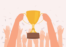 One Person’s Hand At The Front Holding Up A Golden Trophy Cup As A Winner With Crowd Raising Hands At The Back. Close-Up. Flat Design, Character, Cartoon.