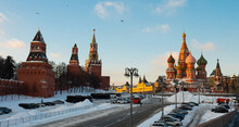 Moscow Kremlin And St Basil's Cathedral On Red Square On A Sunny Winter Day, Russia