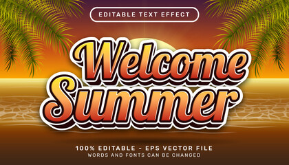 Poster - welcome summer retro color 3d editable text effect and sunset in sea landscape background
