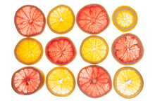 Sliced Oranges And Grapefruits On Blacklit Background