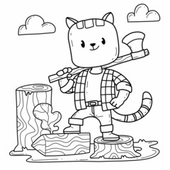 Wall Mural - animals coloring book alphabet. Isolated on white background. Vector cartoon cat lumberjack.