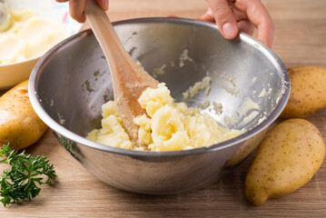 Wall Mural - Mashed potato cooking in bowl, Homemade food