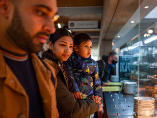 Wall Mural - Parents with son in self-service restaurant