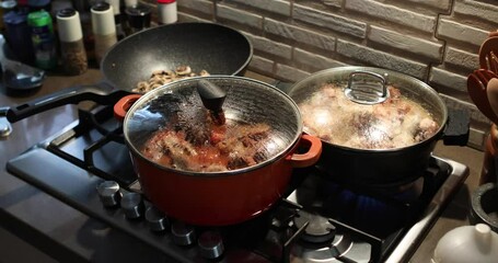 Canvas Print - Chicken marinated in red wine is cooked with mushrooms and onions in saucepan on gas stove