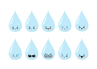 Wall Mural - Cute water drop character set. Raindrop shape mascot with face. Kawaii aqua funny, sad, winking, in eyeglasses, sunglasses emoji icon collection. Vector cartoon illustration isolated on white.