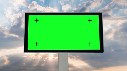 Wall Mural - Timelapse, zoom in shot: blank green billboard or large display and sun beams shining through white clouds against sunset sky - front view. Time lapse, advertising, green screen and chroma key concept