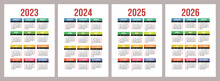 Colorful Calendar 2023, 2024, 2025 And 2026. Color Vector Pocket Calender Design. Week Starts On Sunday. January, February, March, April, May, June, July, August, September, October