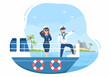 Cruise Ship Captain Cartoon Illustration in Sailor Uniform Riding a Ships, Looking with Binoculars or Standing on the Harbor in Flat Design