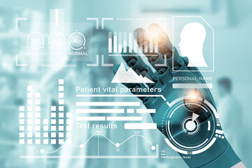 Double exposure of robot hand using virtual screen and blurred doctor in clinic. Innovative technologies in medicine