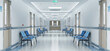 © sdecoret - Long white hospital corridor with rooms and seats 3D rendering. Empty accident and emergency interior with bright lights lighting the hall from the ceiling