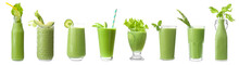 Set Of Healthy Green Juices On White Background
