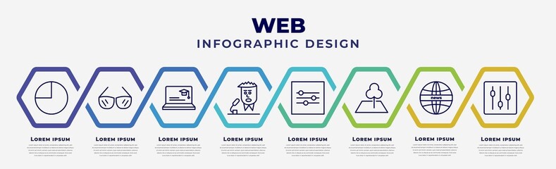 Wall Mural - vector infographic design template with icons and 8 options or steps. infographic for web concept. included circular graphic, circular glasses, looking for students, newscaster, on slider, land,
