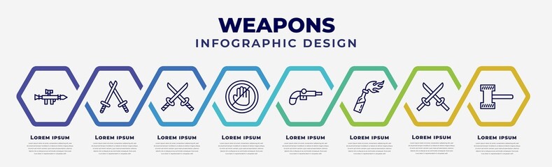 Wall Mural - vector infographic design template with icons and 8 options or steps. infographic for weapons concept. included bazooka, battle, 2 katanas, no arms, musket, molotov cocktail, two katanas, thor