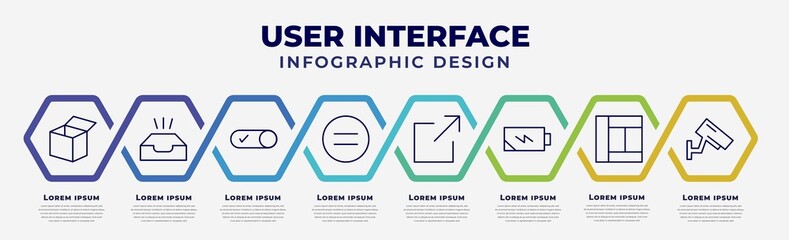 Poster - vector infographic design template with icons and 8 options or steps. infographic for user interface concept. included open box, empty, activated, equal, export, charging status, layout, vigilance.