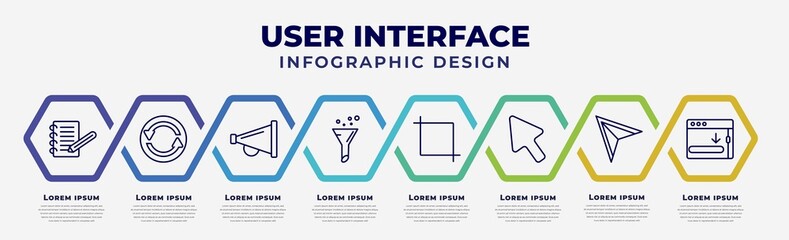 Poster - vector infographic design template with icons and 8 options or steps. infographic for user interface concept. included note blog, synchronisation, amplified speaker, selective, crop tool, cursor