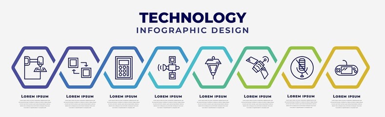 Poster - vector infographic design template with icons and 8 options or steps. infographic for technology concept. included 3d printers, mode, calculation, space satellite, lamp post, news via satellite,