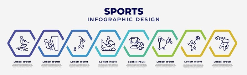 Wall Mural - vector infographic design template with icons and 8 options or steps. infographic for sports concept. included water ski, climber, golf player hitting, person riding on sleigh, football cup, ski