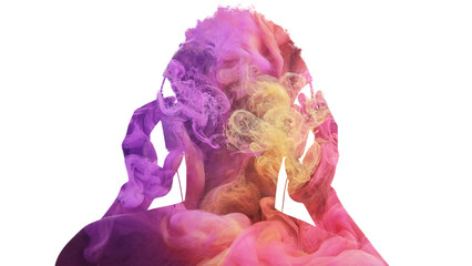 Sound inspiration. Creative music. Double exposure back view color male silhouette in headphones enjoying rhythm in pink yellow smoke cloud isolated on white.