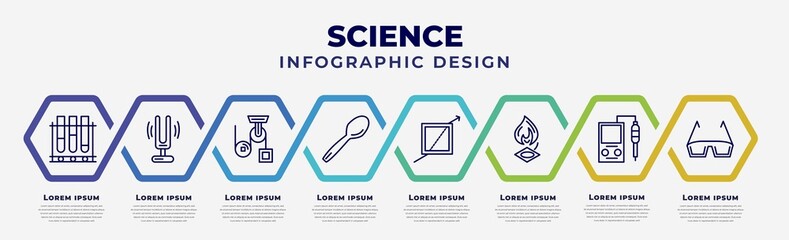 vector infographic design template with icons and 8 options or steps. infographic for science concept. included tubes, sound fork, pulley, spoon, refraction, burner, ph meter, eye protector.