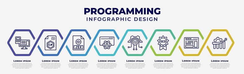 vector infographic design template with icons and 8 options or steps. infographic for programming concept. included adaptive layout, c sharp, jsx, error, engineering, seo badge, web page, seo
