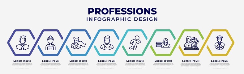 Canvas Print - vector infographic design template with icons and 8 options or steps. infographic for professions concept. included businessman, builder, superhero, doctor, athlete, librarian, graphic de, driver.