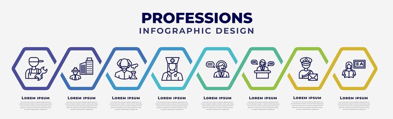 Poster - vector infographic design template with icons and 8 options or steps. infographic for professions concept. included plumber, civil engineer, scientist, physician assistant, telemarketer, secretary,