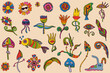Vector collection of retro colorful stickers in psychedelic 1970s style