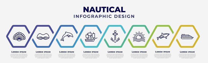 Poster - vector infographic design template with icons and 8 options or steps. infographic for nautical concept. included big shell, swin goggle, dolphin, classic ship, big anchor, sun shining, shark, ferry