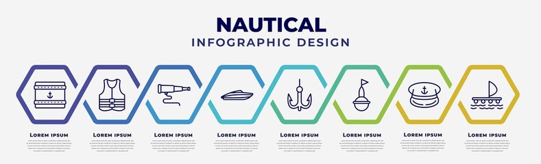 Wall Mural - vector infographic design template with icons and 8 options or steps. infographic for nautical concept. included sea package, life jacket, boat telescope, speed boat, bait, buoy, sailor cap, wood