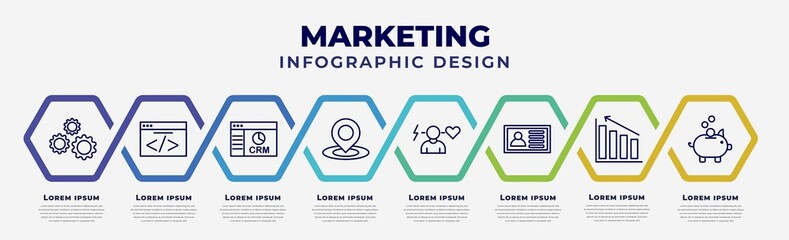 Poster - vector infographic design template with icons and 8 options or steps. infographic for marketing concept. included configuration, webcode, crm, place, behavior, id, diagrams, pig bank.