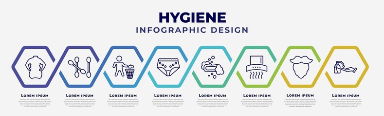 Wall Mural - vector infographic design template with icons and 8 options or steps. infographic for hygiene concept. included body shaming, cotton swab, throw, underwear, lather, extractor, beardy, gel.