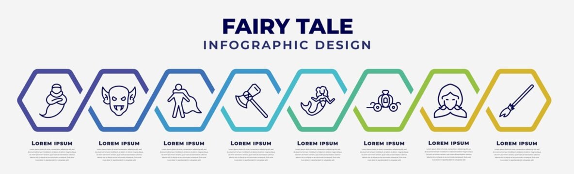 vector infographic design template with icons and 8 options or steps. infographic for fairy tale concept. included genie, goblin, hero, thor, mermaid, cinderella carriage, little red riding hood,