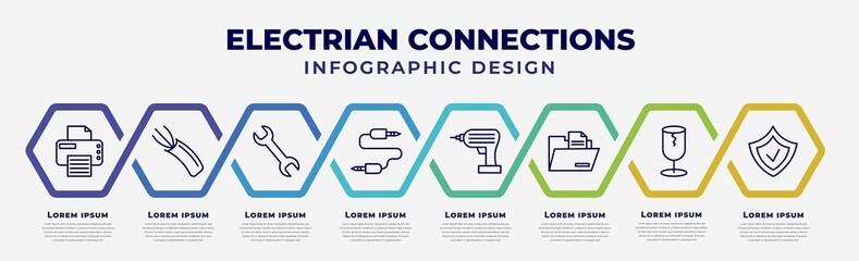 Wall Mural - vector infographic design template with icons and 8 options or steps. infographic for electrian connections concept. included print, wire, wrench, audio jack, driller, files and folders, broken, .