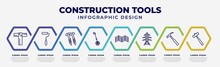 Vector Infographic Design Template With Icons And 8 Options Or Steps. Infographic For Construction Tools Concept. Included Boning Rod, Paint Roller, Screws, Measuring Wheel, Parquet, Electric Tower,