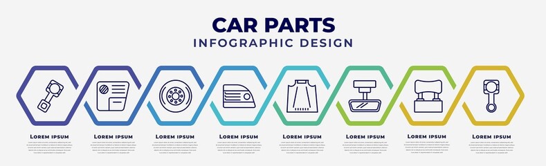 Poster - vector infographic design template with icons and 8 options or steps. infographic for car parts concept. included car piston, car glove compartment, hubcap, brake light, bonnet, rear-view mirror,