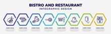 Vector Infographic Design Template With Icons And 8 Options Or Steps. Infographic For Bistro And Restaurant Concept. Included Half Lemon, Hot Dog With Ketchup, Drink Jar, Restaurant Fried Egg,