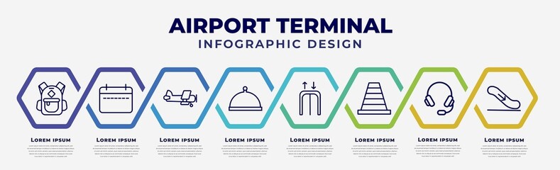 Poster - vector infographic design template with icons and 8 options or steps. infographic for airport terminal concept. included big backpack, week calendar, old plane, tray with cover, passenger passway,