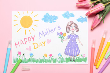 Poster - Picture with text HAPPY MOTHER'S DAY, felt-tip pens and tulips on pink background