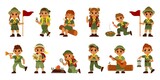 Fototapeta  - Scout kids. Cute cartoon boys and girls in scout uniform for summer camp survive in wild and build a camp. Vector children characters