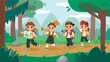 Kids on a hike. Cartoon kids walking in wood, summer journey and adventure trip with backpacks. Vector scout kids survive in nature