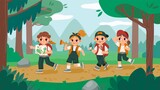 Fototapeta  - Kids on a hike. Cartoon kids walking in wood, summer journey and adventure trip with backpacks. Vector scout kids survive in nature