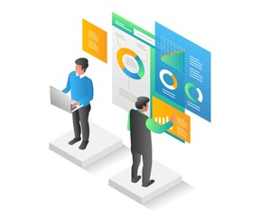Aufkleber - Flat isometric illustration concept. two men doing data analysis on the dashboard