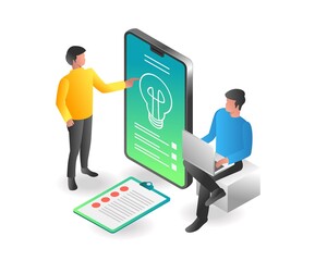 Poster - Flat isometric illustration concept. two men combine ideas for a business plan