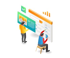 Poster - Flat isometric illustration concept. the creative team is compiling the appearance of the website application