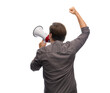 © Syda Productions - fight and human rights concept - man with megaphone protesting on demonstration over white background