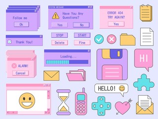 Poster - retro computer sticker. old pc interface with system message, geek technology retrowave icons. vecto