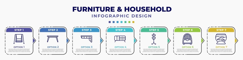 infographic template with icons and 7 options or steps. infographic for furniture & household concept. included porch swing, table, corner sofa, credenza, coat stand, dehumidifier, fish bowl