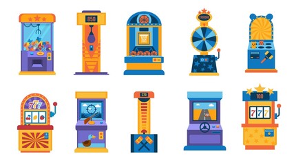 Poster - retro game machine. gaming computer, mini basketball, crane machine and retro gambling amusement dev