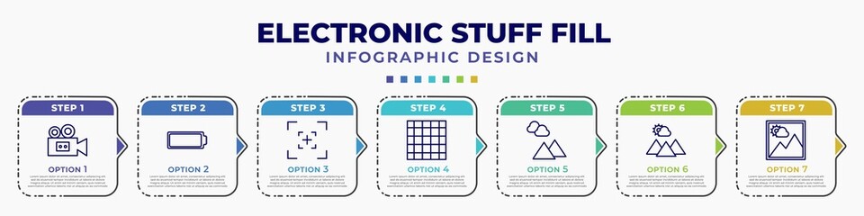 Poster - infographic template with icons and 7 options or steps. infographic for electronic stuff fill concept. included old video camera, empty battery, camera screen, screen grid, landscape photo, scenic,