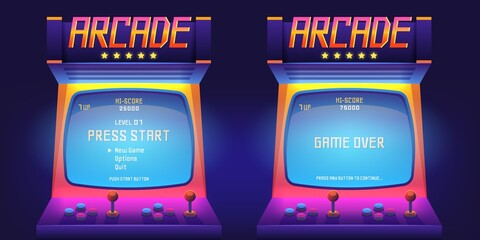 Poster - arcade game screen. 80s retro start play and game over interface screen, vintage 1990s video gaming 